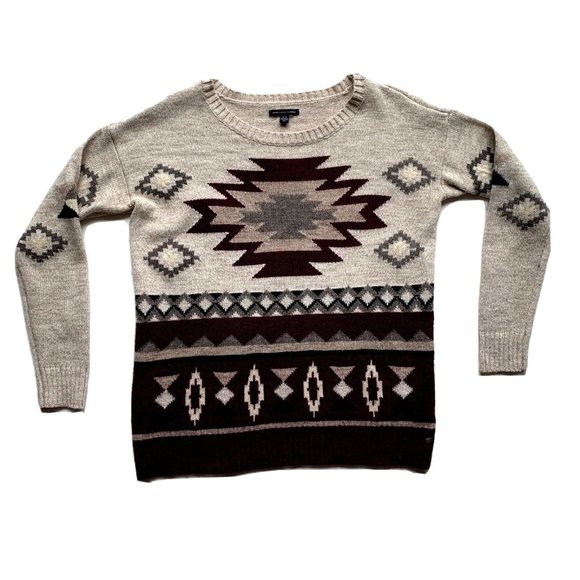 American Eagle Sweater Womens Medium Beige Red Aztec Southwestern Wool Blend NEW - Picture 1 of 12